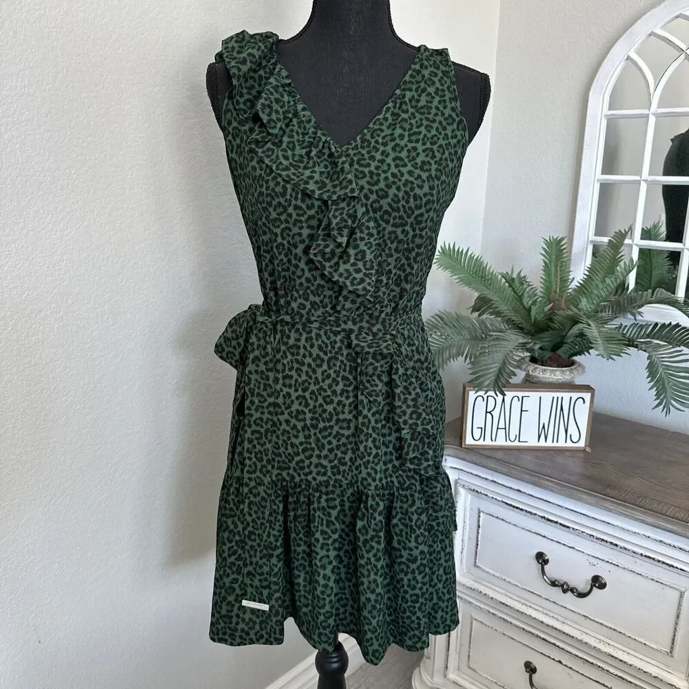 Micahel Kors Green Leopard Sleeveless Tunic Blouse Top Women's Size 2 Ruffle‎